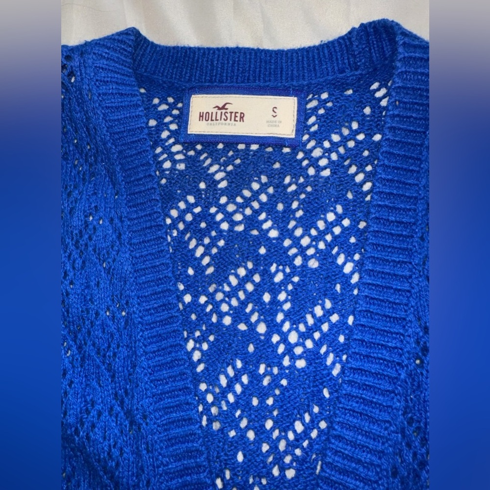 Hollister royal blue crochet knit button cardigan sweater with pockets Y2K - Picture 4 of 8